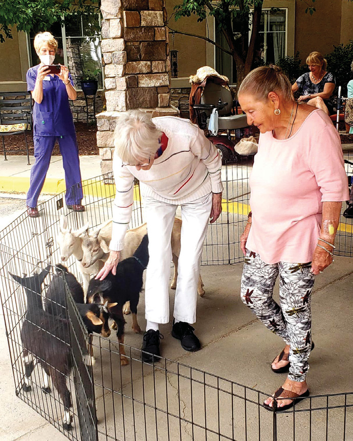 Older adults enjoying the company of pet goats that were visiting Elk Run